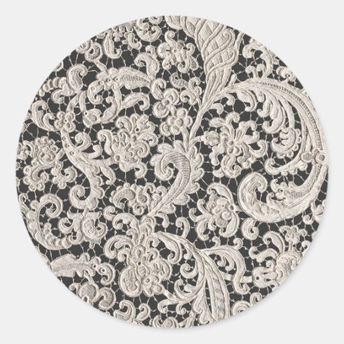 Ornate Black and White Floral Lace Pattern Classic Round Sticker