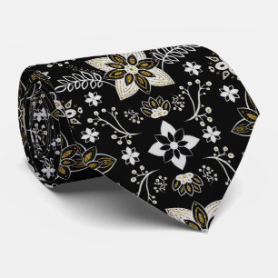 Ornate black and white floral pattern neck tie