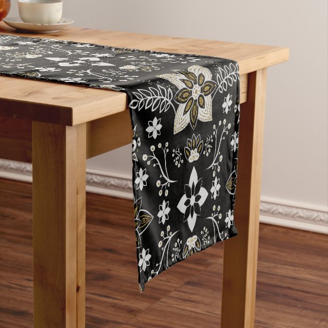 Ornate black and white floral pattern  short table runner (In Situ)