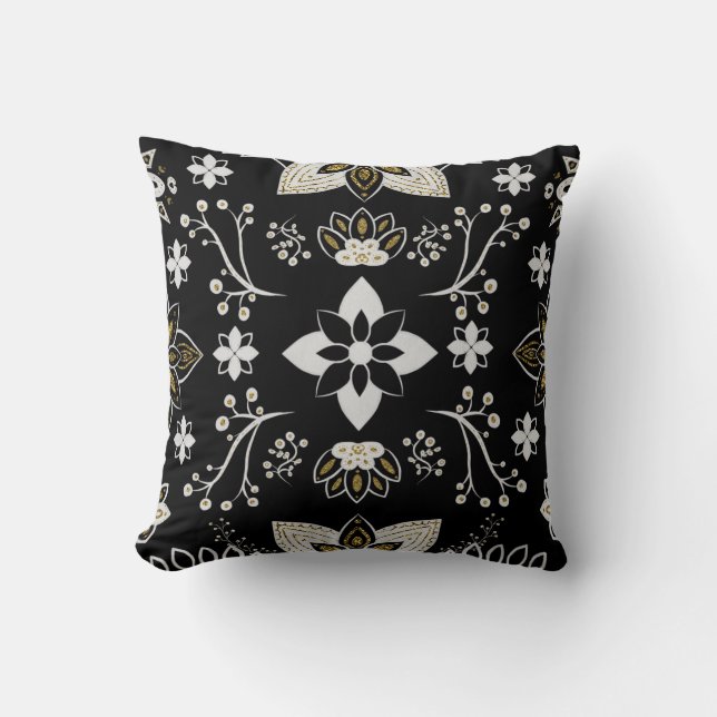 Ornate black and white floral pattern  throw pillow (Front)