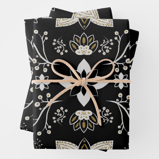 Ornate black and white floral pattern  wrapping paper sheets (In situ)
