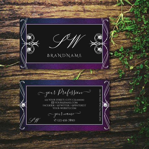 Ornate Black Blue Purple Sparkle Diamonds Initials Business Card