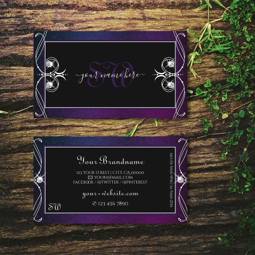 Ornate Black Blue Purple Sparkle Diamonds Monogram Business Card