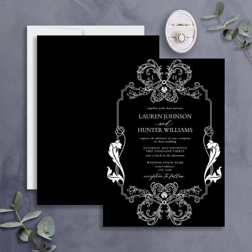 Ornate Black Floral Line Art Monogram Wedding Invitation