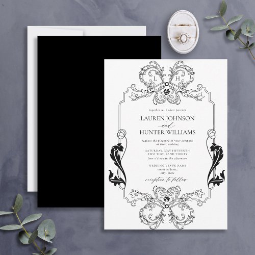Ornate Black Floral Line Art Monogram Wedding Invitation
