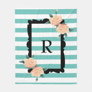 Ornate Black Frame and Pink Roses Monogram Fleece Blanket
