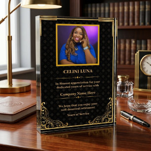 Ornate Black Gold Damask Square Photo Retirement Acrylic Award