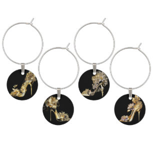 ORNATE BLACK & GOLD HIGH HEEL SHOES & FLOWERS WINE CHARM