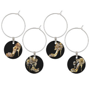 ORNATE BLACK & GOLD HIGH HEEL SHOES & FLOWERS WINE CHARM