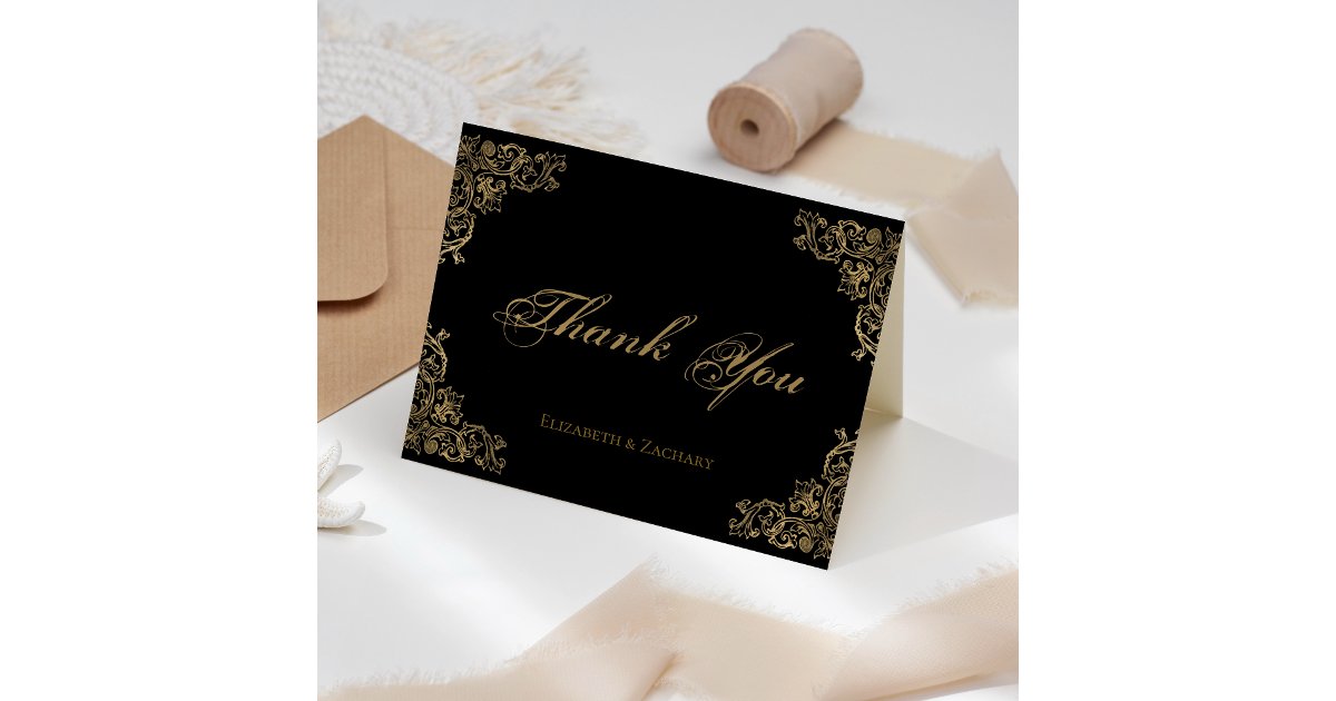 Ornate Black Gold Vintage Wedding Thank You Card | Zazzle