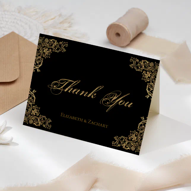 Ornate Black Gold Vintage Wedding Thank You Card | Zazzle
