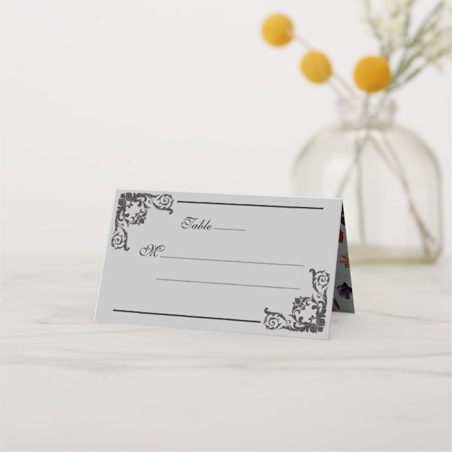 Ornate Black Gothic Flourish Monogram Place Card (Front)