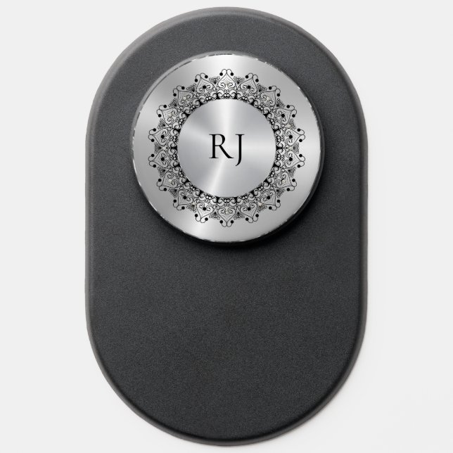 Ornate Black Mandala On Silver PopSocket (Popsocket)