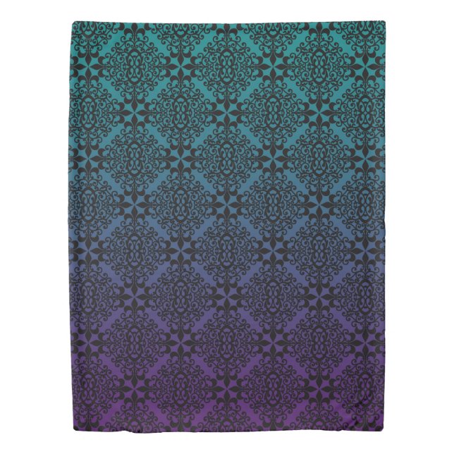 Ornate Black Purple And Teal Damask With Gradient Duvet Cover (Front)