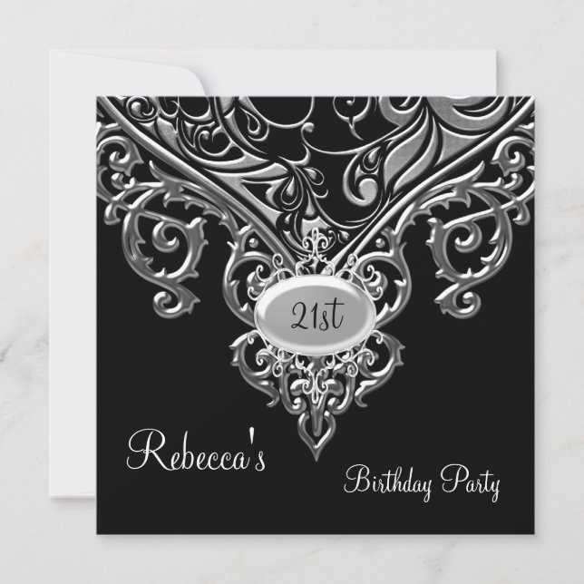 Ornate Black Silver Jewel 21st Elegant Birthday 2 Invitation (Front)