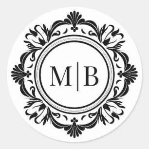 Ornate Black White Floral Wedding Monogram Classic Round Sticker