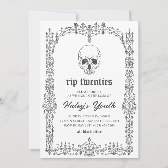 Ornate Black White RIP Twenties 20s 30th Birthday Invitation (Front)