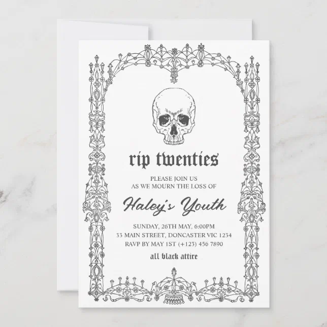 Ornate Black White RIP Twenties 20s 30th Birthday Invitation | Zazzle