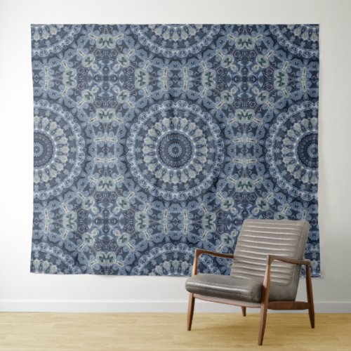 Ornate Blue and Black Medallion Design Tapestry