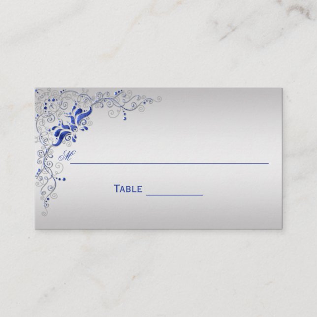 Ornate Blue and Silver Floral Swirls Place Cards (Front)