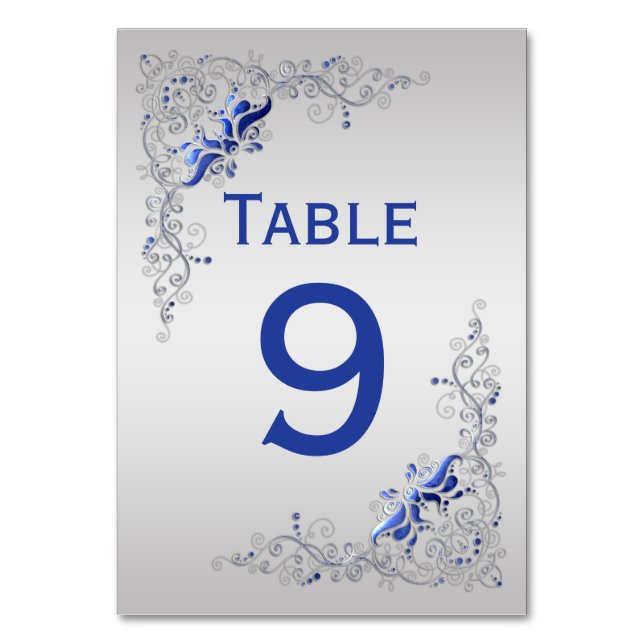 Ornate Blue and Silver Floral Swirls Table Numbers (Front)