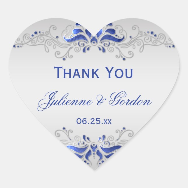 Ornate Blue and Silver Swirls Heart Wedding Favor Heart Sticker (Front)