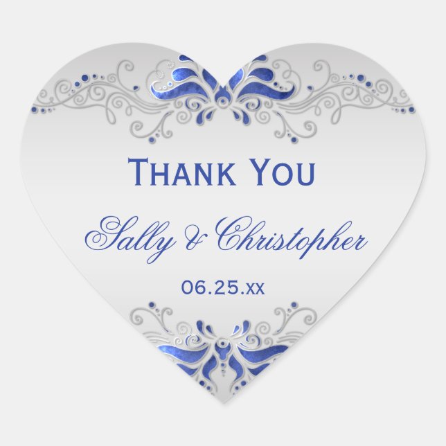 Ornate Blue and Silver Swirls Heart Wedding Favor Sticker (Front)