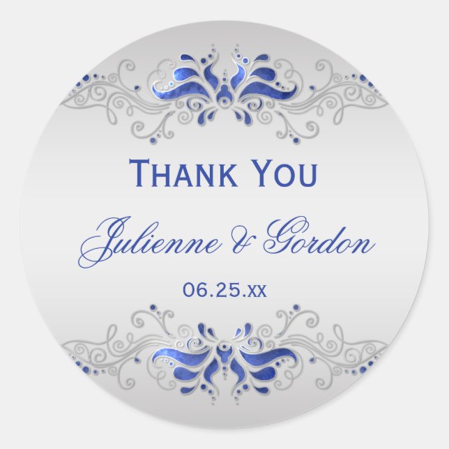 Ornate Blue and Silver Swirls Round Wedding Favor Classic Round Sticker (Front)