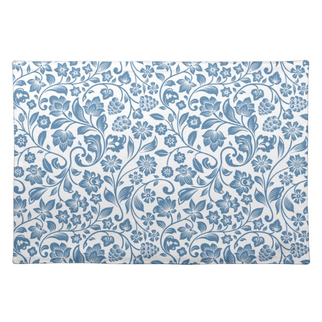 Ornate Blue and White Floral Vines Pattern Cloth Placemat (Front)