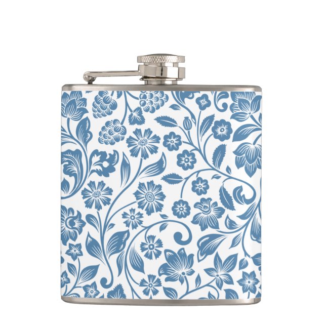 Ornate Blue and White Floral Vines Pattern Flask (Front)