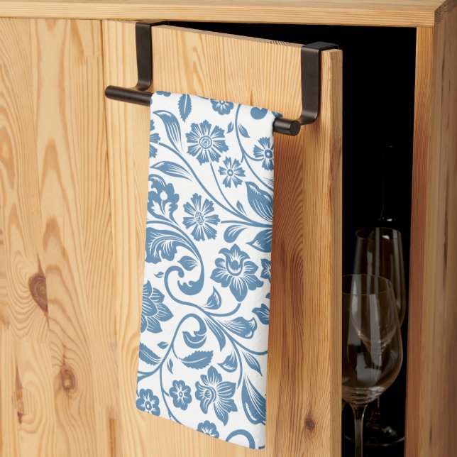 Ornate Blue and White Floral Vines Pattern Kitchen Towel (Thirds Fold)