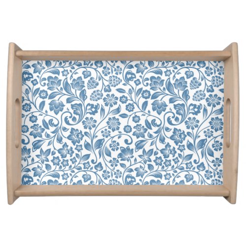 Ornate Blue and White Floral Vines Pattern Serving Tray