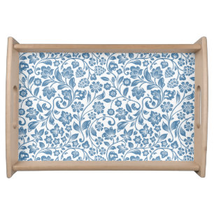 Ornate Blue and White Floral Vines Pattern Serving Tray