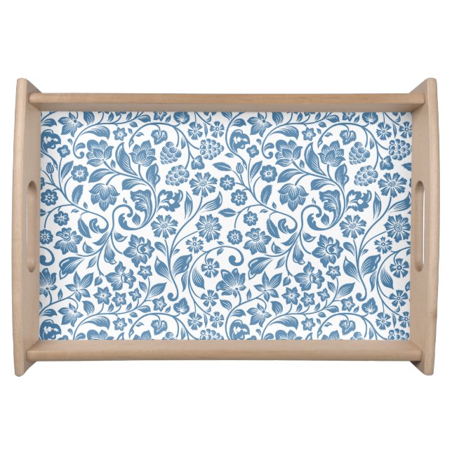 Ornate Blue and White Floral Vines Pattern Serving Tray (Front)