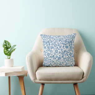 Ornate Blue and White Floral Vines Pattern Throw Pillow
