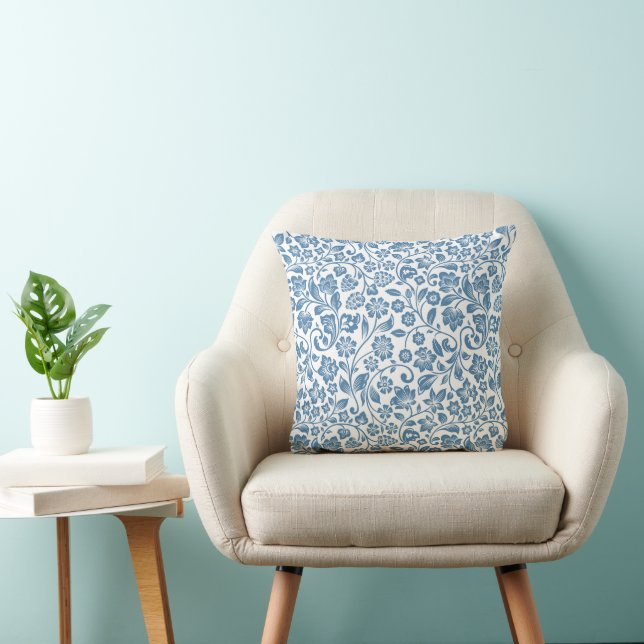 Ornate Blue and White Floral Vines Pattern Throw Pillow (Chair)