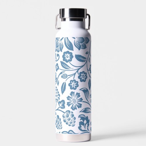Ornate Blue and White Floral Vines Pattern Water Bottle