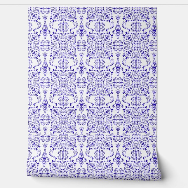Ornate Blue and White Mediterranean Wallpaper Wallpaper (Unrolling)