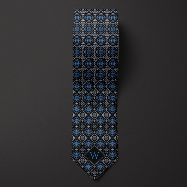 Ornate Blue & Black Arabesque Monogram Neck Tie (Creator Uploaded)