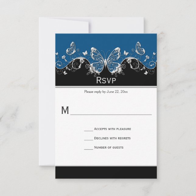 Ornate Blue Black Silver Butterflies RSVP Card (Front)
