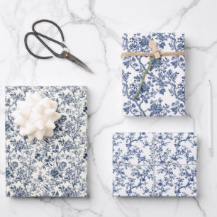 Ornate Blue Botanicals 3 Wrapping Paper Sheets