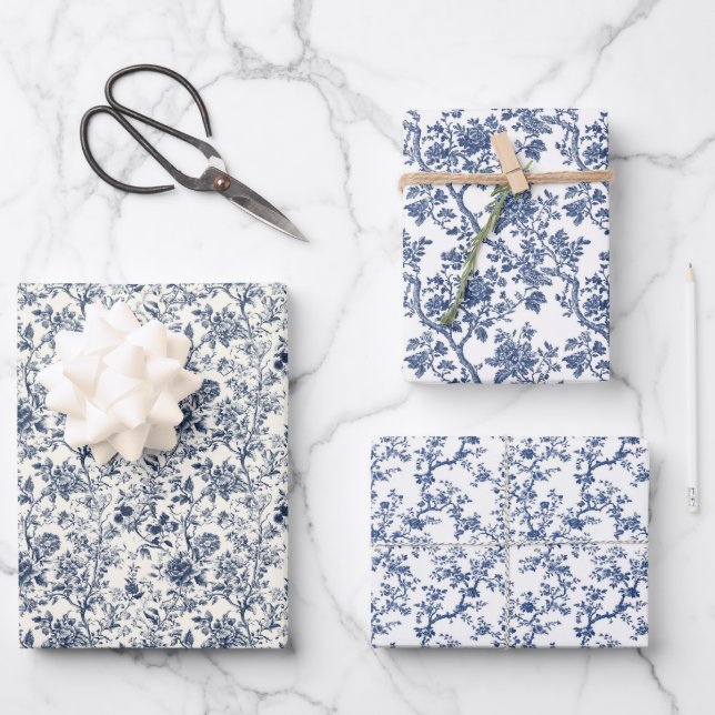 Ornate Blue Botanicals 3 Wrapping Paper Sheets (Front)
