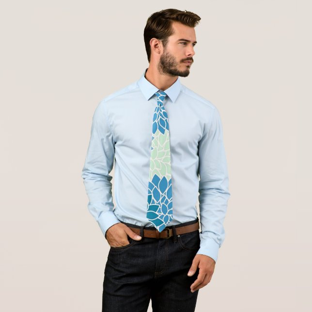 Ornate Blue Dahlia Floral Art   Neck Tie (In Situ)