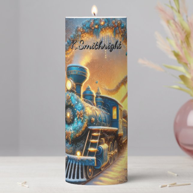 Ornate Blue Festive Train Journey Pillar Candle (In Situ)