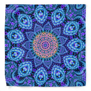 Ornate Blue Flower Vibrations Kaleidoscope Art Bandana