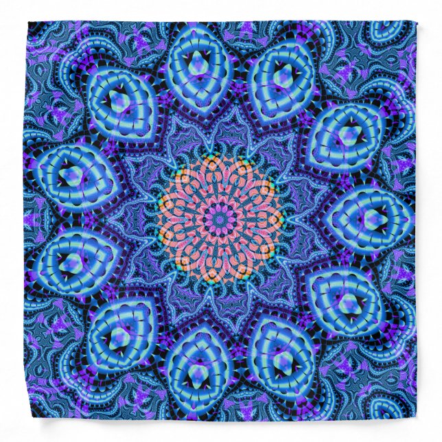 Ornate Blue Flower Vibrations Kaleidoscope Art Bandana (Front)