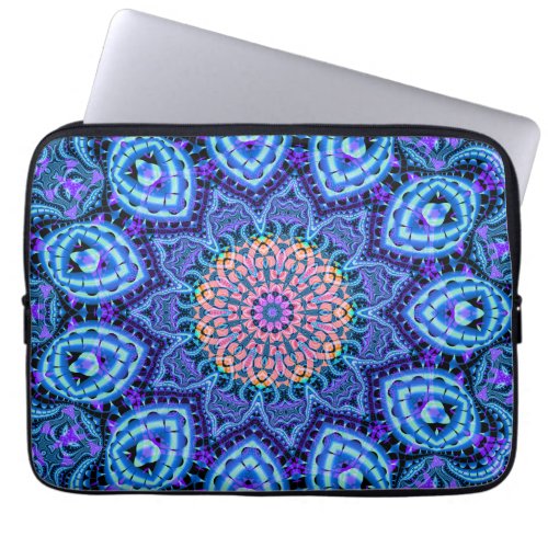 Ornate Blue Flower Vibrations Kaleidoscope Art Laptop Sleeve