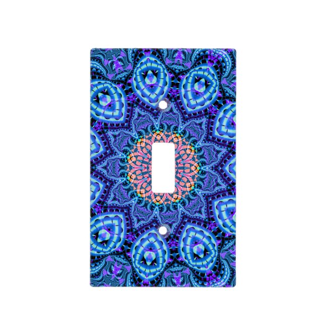 Ornate Blue Flower Vibrations Kaleidoscope Art Light Switch Cover (Front)