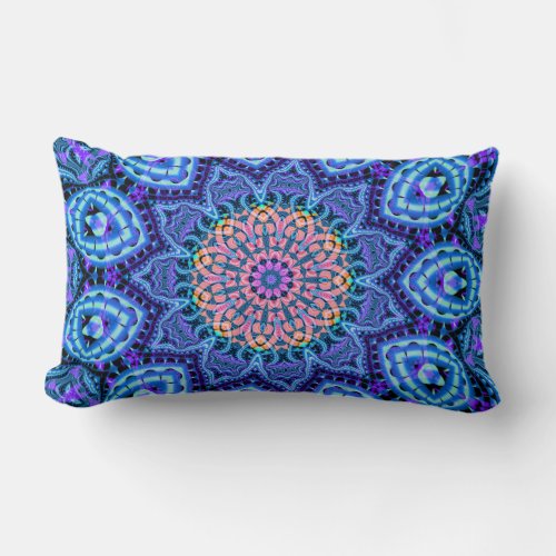 Ornate Blue Flower Vibrations Kaleidoscope Art Lumbar Pillow