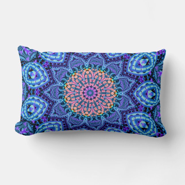 Ornate Blue Flower Vibrations Kaleidoscope Art Lumbar Pillow (Front)